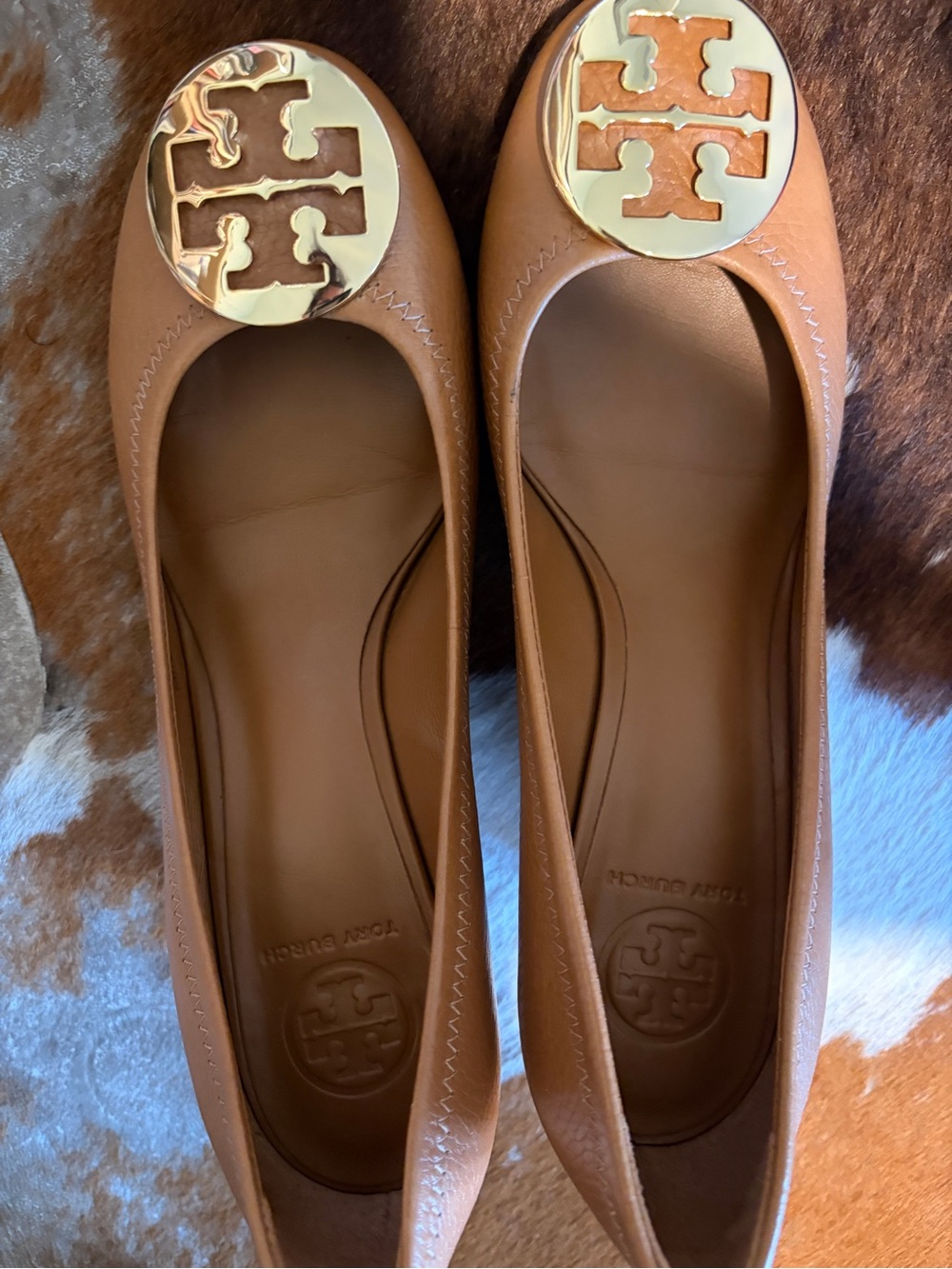 Tory Burch Cognac Leather Logo Ballet Flats